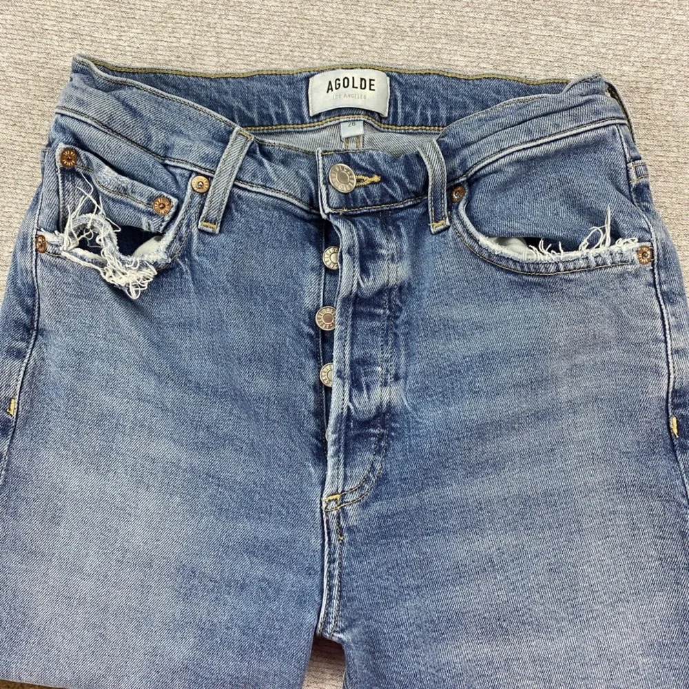 Agolde High Rise Skinny Jeans Button Fly Distressed Raw Hem Medium Wash Size‎ 26
